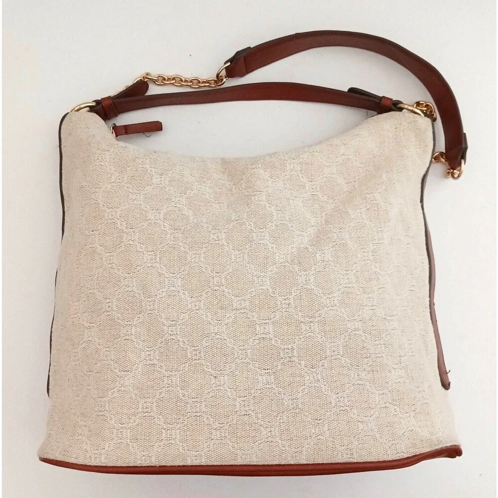 MNG Mango Cream Woven Jacquard Hobo Bag Brown Vegan Leather Double Straps